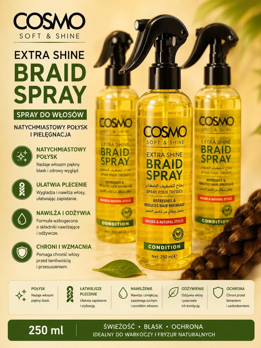 Butelka sprayu do włosów Cosmo Extra Shine Braid Spray 250 ml z czarnym atomizerem i warkocz na tle