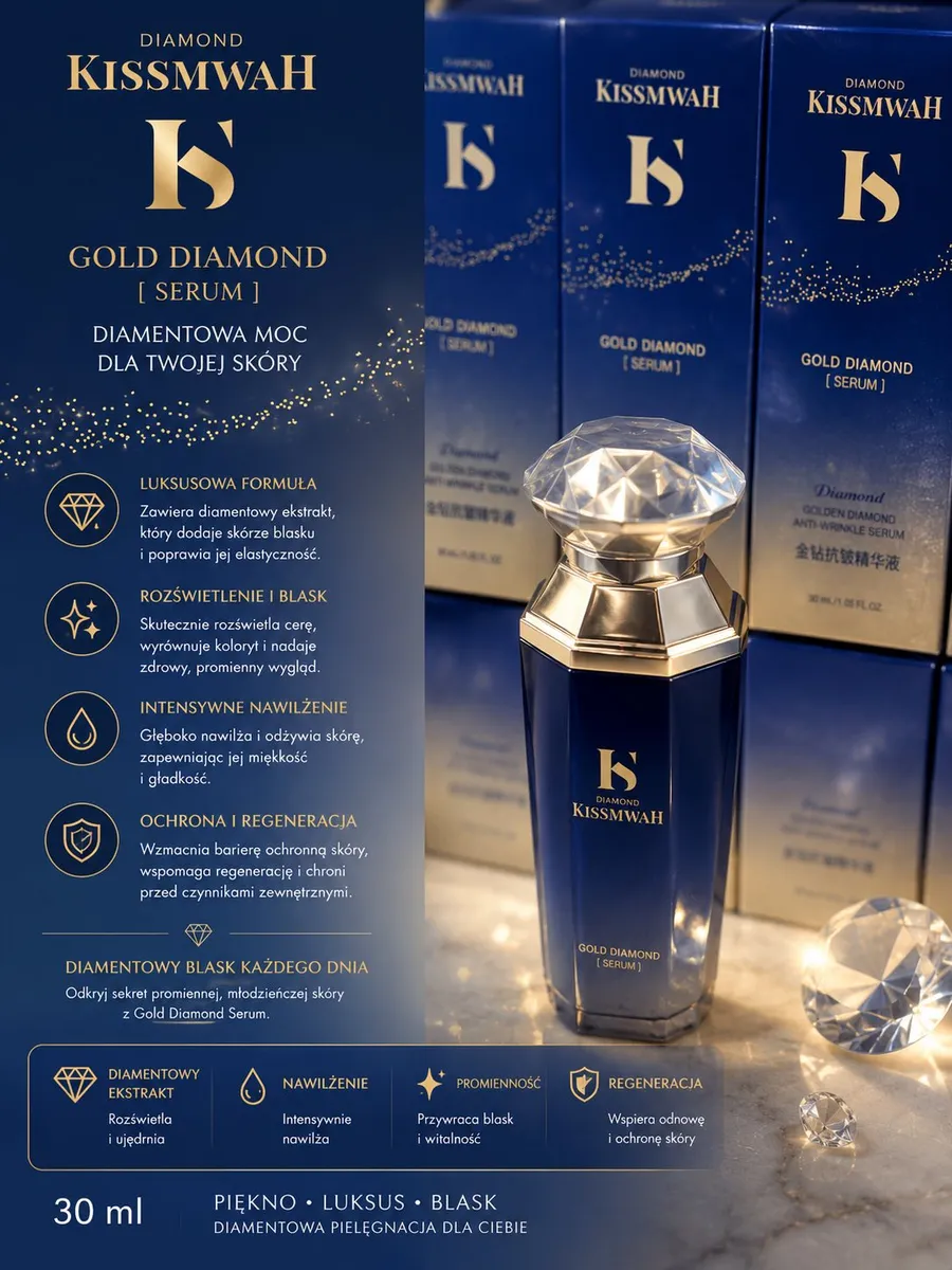 Butelka granatowego serum Kissmwah Gold Diamond 30 ml z złotym diamentowym korkiem i opakowania w tle