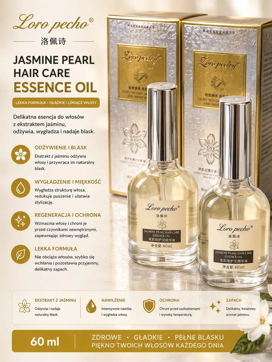 Butelki olejku do włosów Loro Pecho Jasmin Pearl Hair Care Essence Oil 60ml z opakowaniami