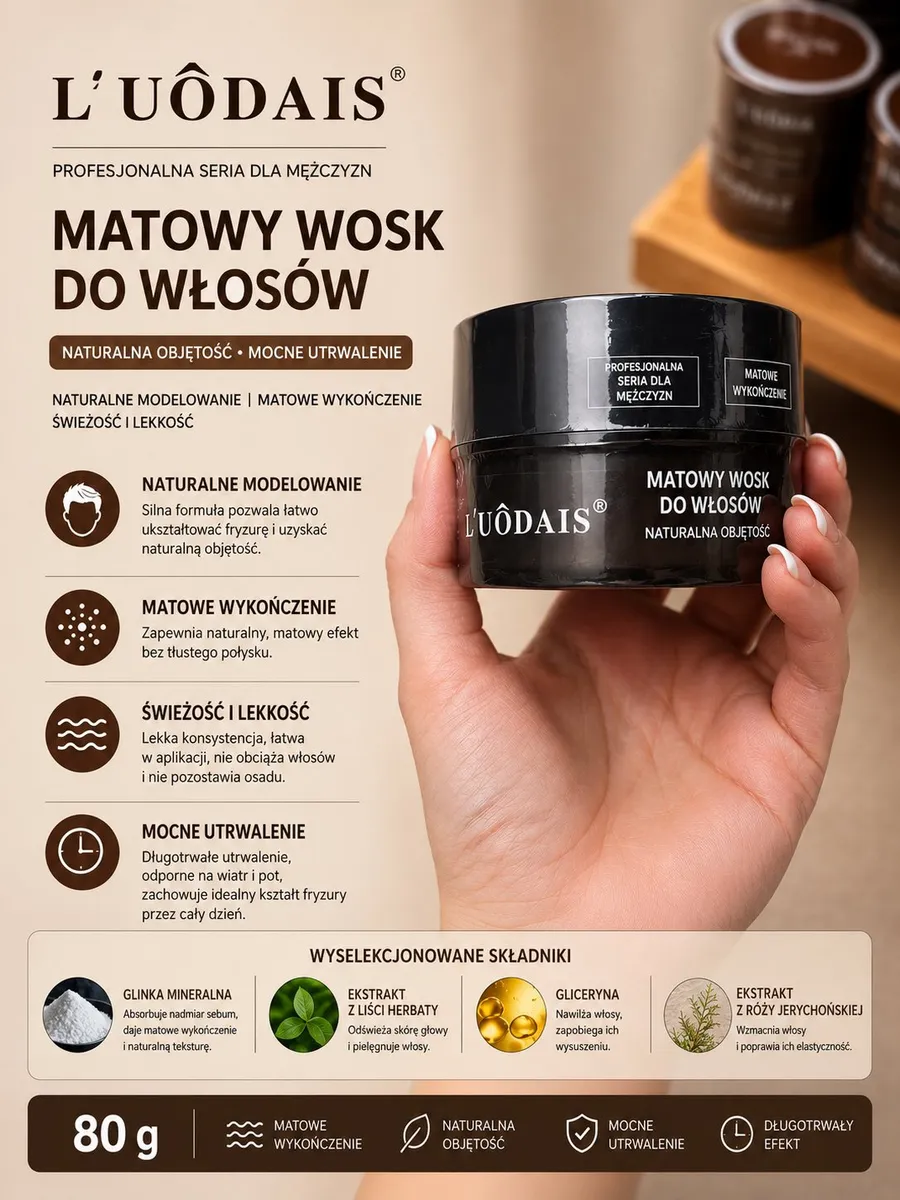 Czarny pojemnik matowego wosku do włosów L’UÔDAIS trzymany w dłoni na jasnym tle