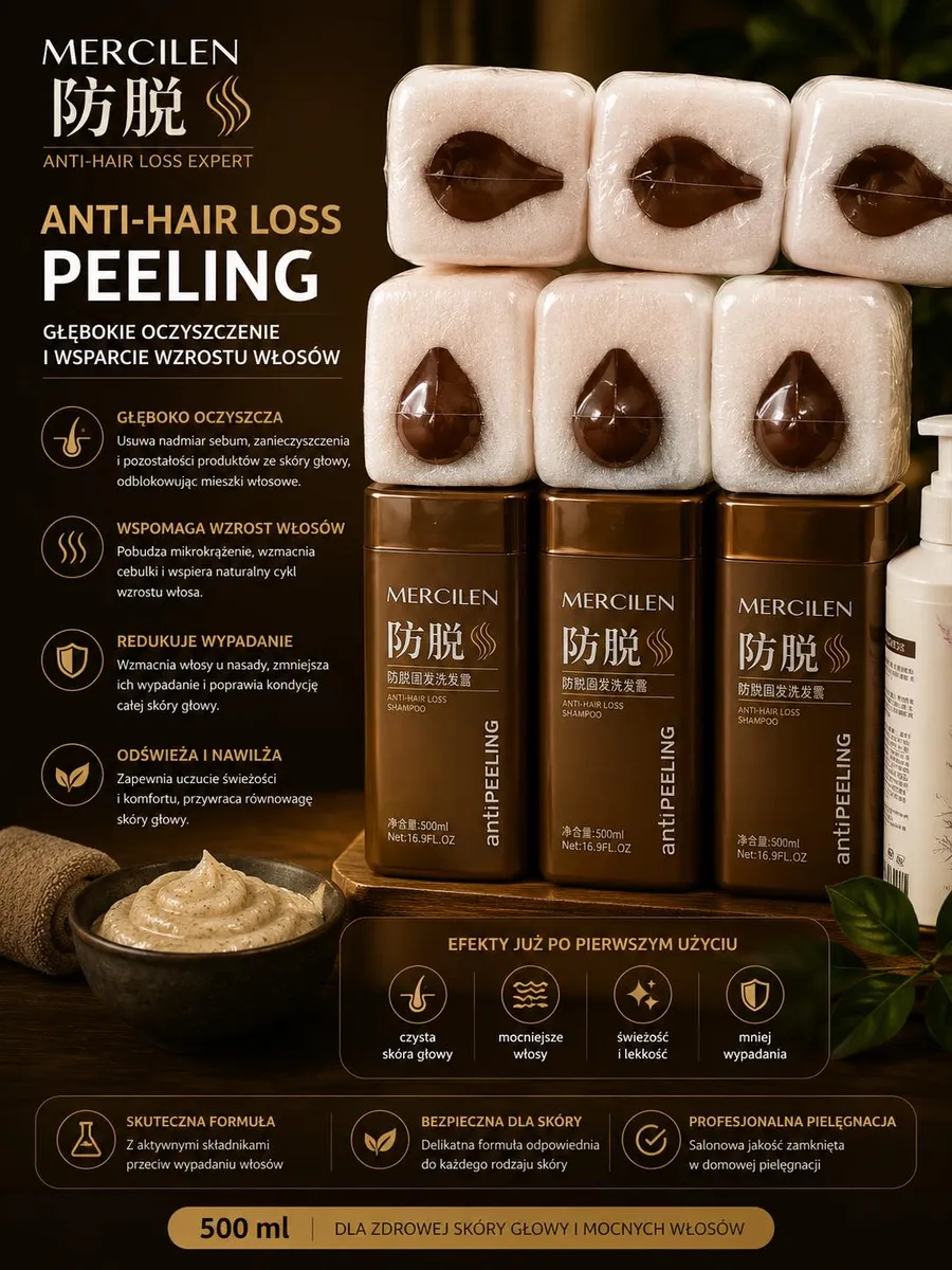 Brązowe butelki szamponu Mercilen Anti-Hair Loss Peeling 500 ml z białymi opakowaniami pianki