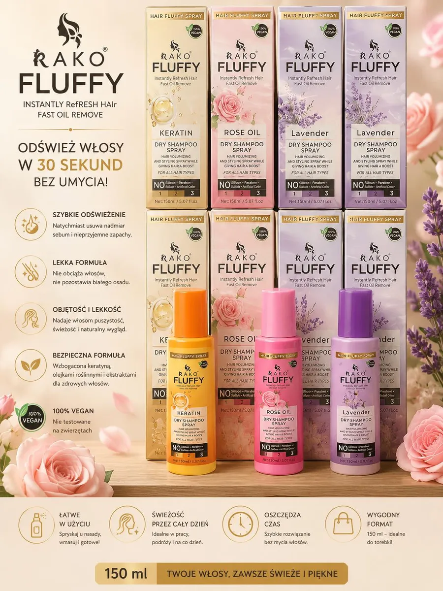 Suchy szampon RAKO FLUFFY w sprayu w trzech wariantach: keratyna, olejek różany, lawenda, 150 ml