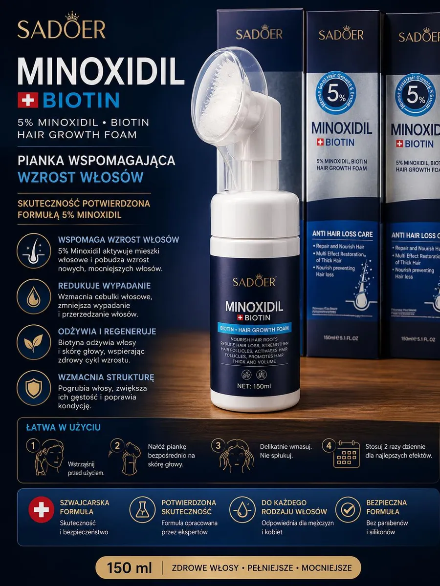 Butelka pianki Sadoer Minoxidil 5% Biotin 150 ml z opakowaniami w tle