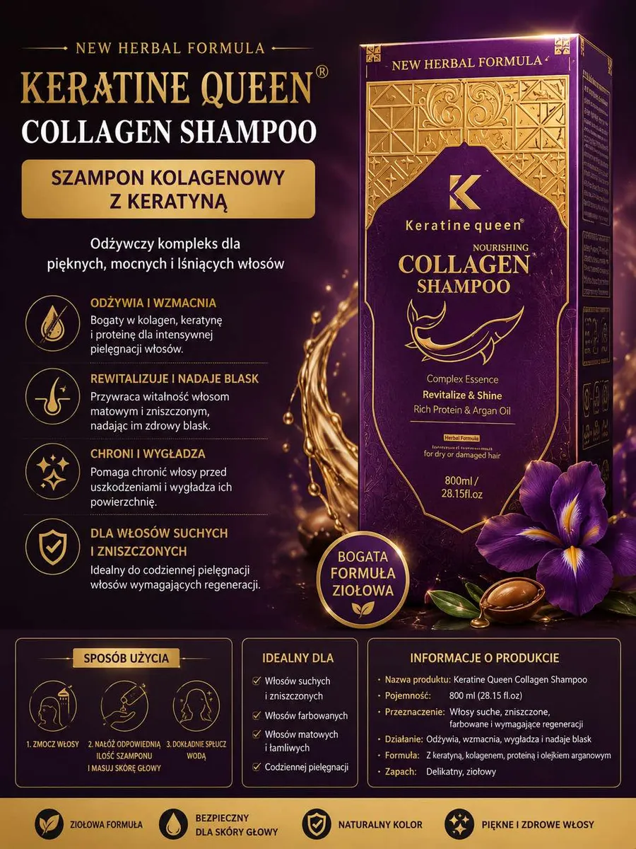 Opakowanie fioletowego szamponu Keratine Queen Collagen Shampoo 800 ml z opisem działania i składnikami