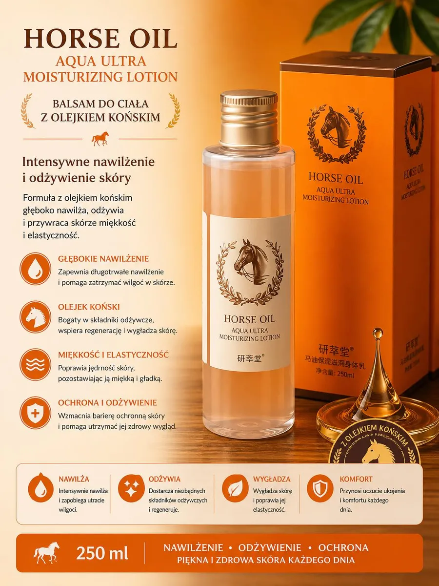 Butelka balsamu do ciała Horse Oil Aqua Ultra 250 ml z pomarańczowym opakowaniem i grafiką konia