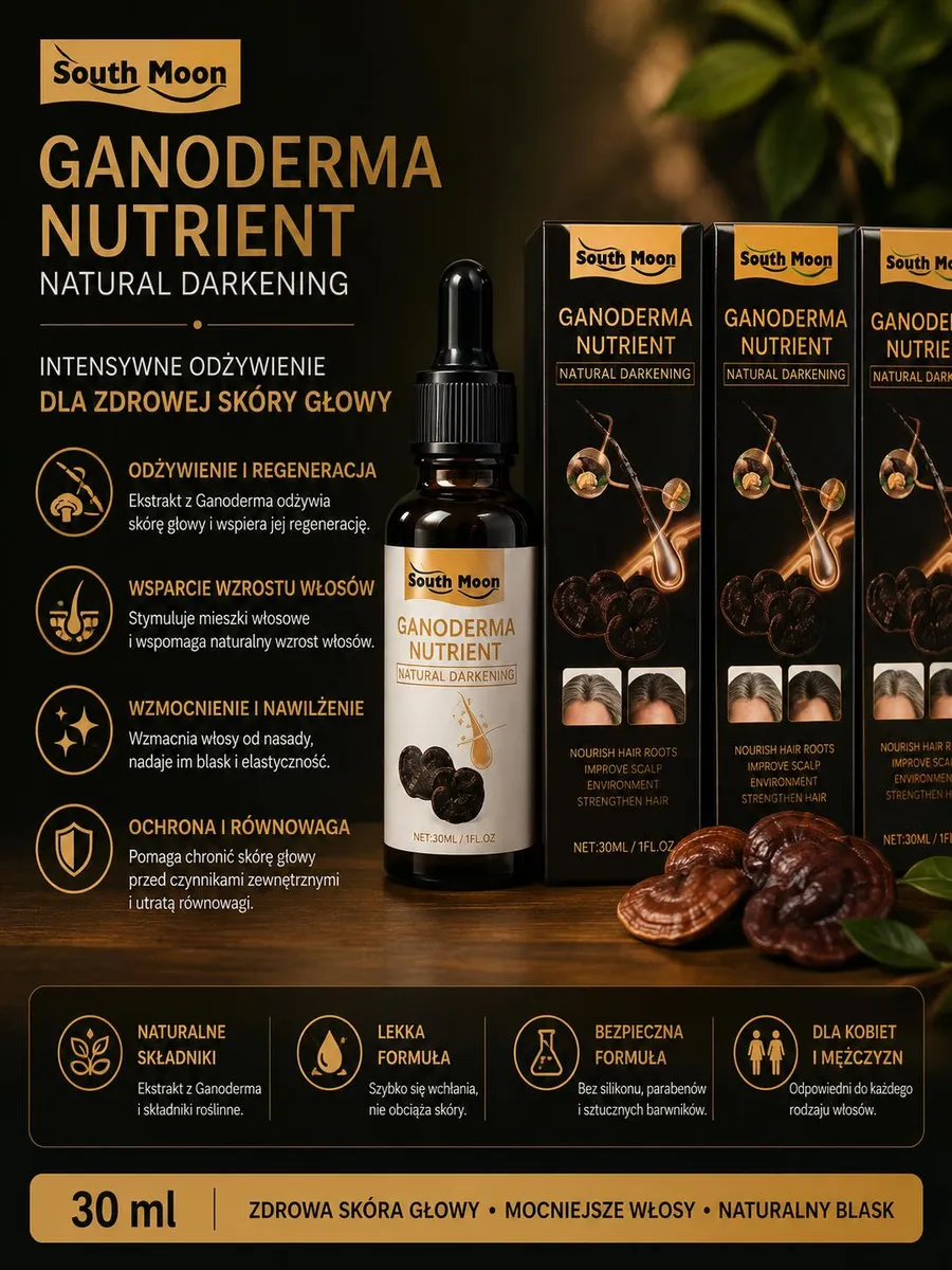 Butelka 30 ml odżywki South Moon Ganoderma Nutrient Natural Darkening z zakraplaczem i opakowania na drewnianym stole