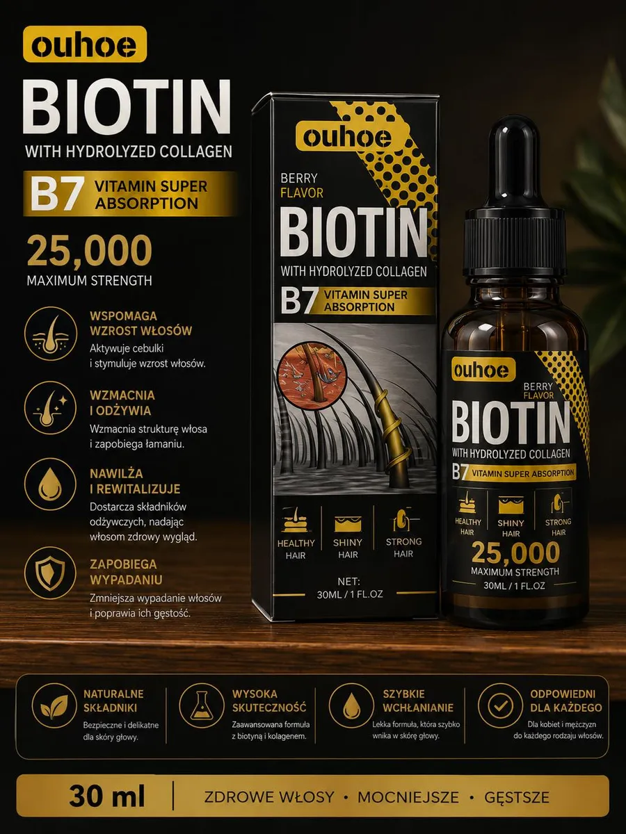 Butelka z pipetą i opakowanie biotyny B7 z hydrolizowanym kolagenem o smaku jagodowym 30 ml