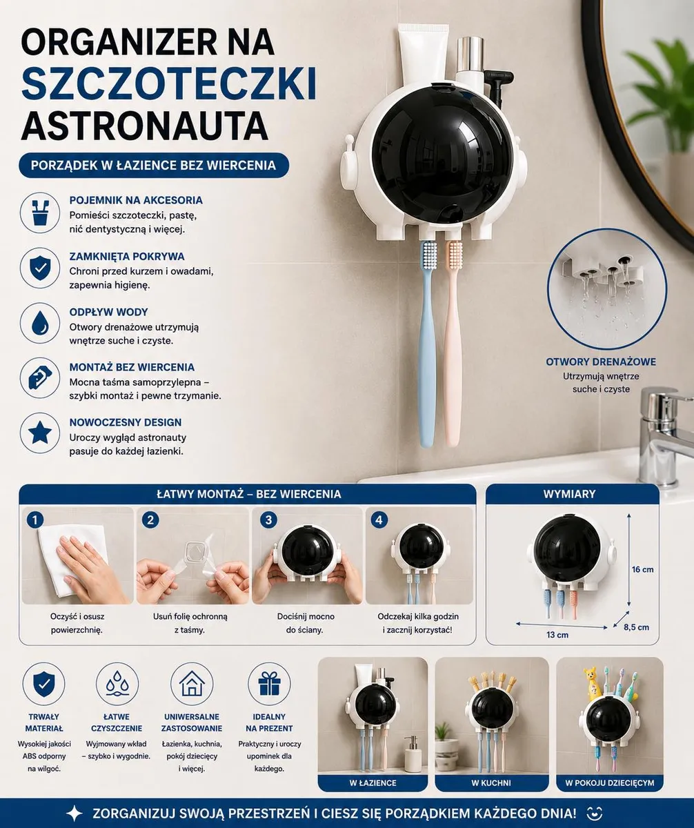 biało-czarny organizer na szczoteczki w kształcie astronauty zamontowany na ścianie łazienki