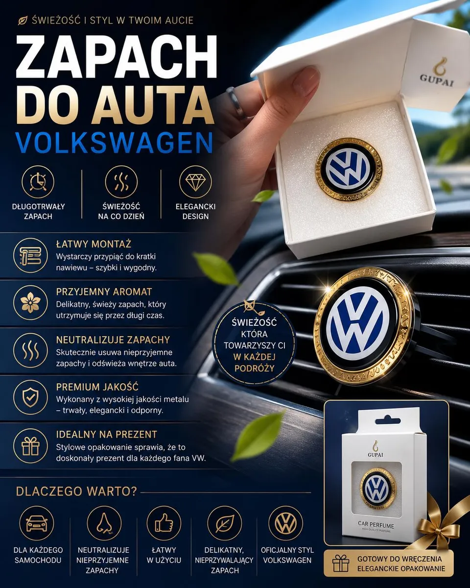 Metaliczny zapach do auta Volkswagen z logo w złotym wykończeniu na kratce nawiewu