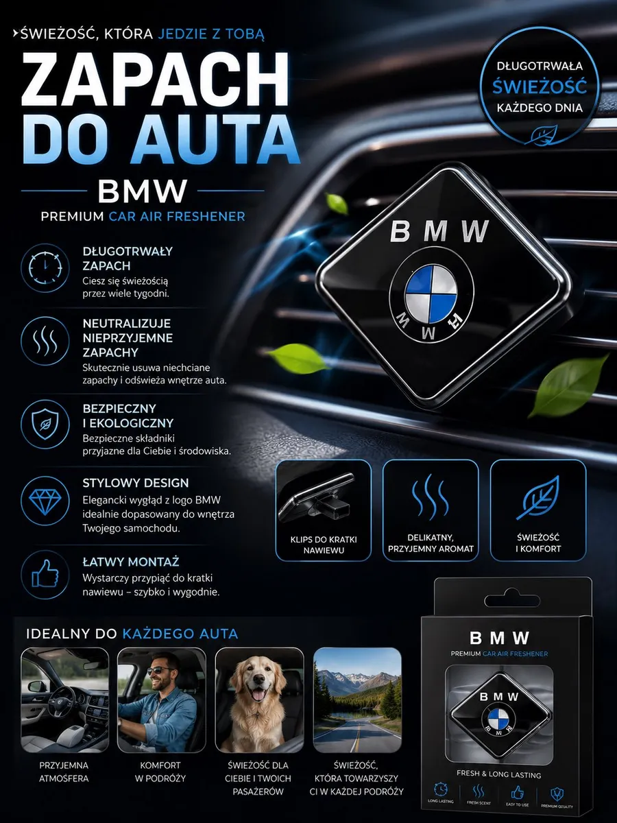 czarny zapach do auta BMW z logo zamocowany na kratce nawiewu samochodu
