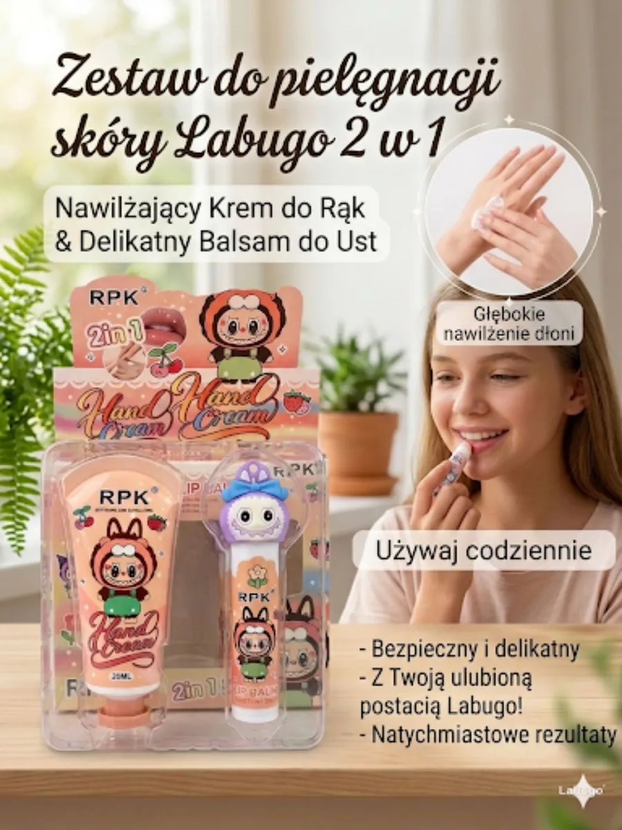 Zestaw kosmetyków Labugo krem do rąk i balsam do ust w pastelowym opakowaniu z postacią