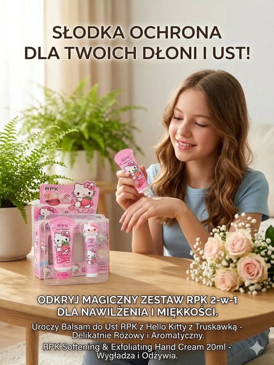 Dziewczynka nakłada krem do rąk z różowego zestawu RPK Hello Kitty na tle roślin i kwiatów