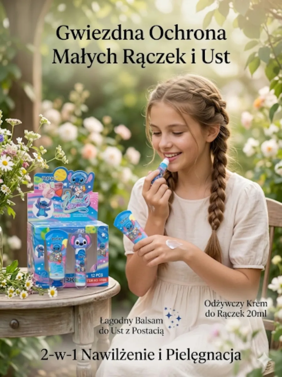 Dziewczynka nakłada balsam do ust, obok zestaw kremu do rąk i balsamu z postacią w kolorowym opakowaniu