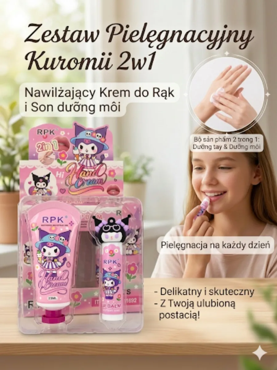 Zestaw pielęgnacyjny RPK Kuromi 2w1 krem do rąk i balsam do ust w różowym opakowaniu z postacią Kuromi