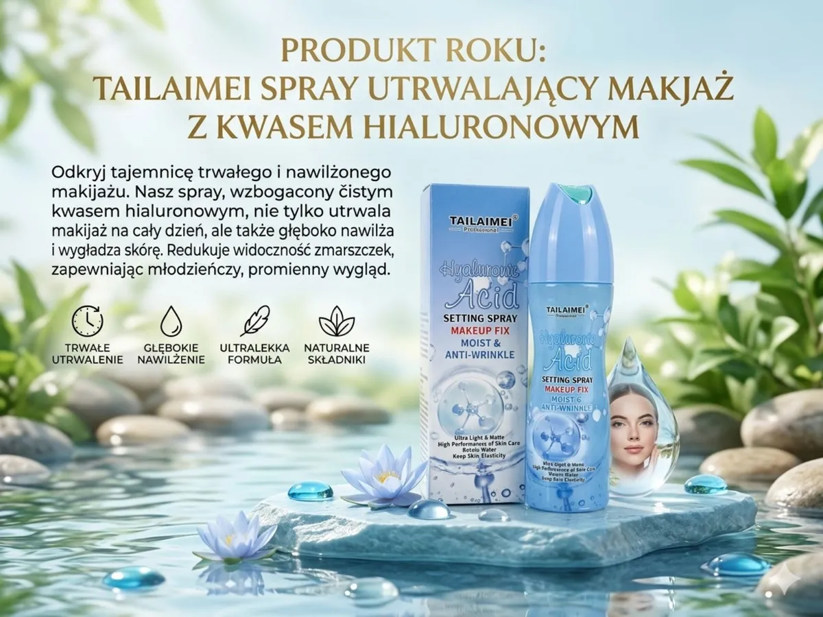 Spray utrwalający makijaż TAILAIMEI w jasnoniebieskim opakowaniu z atomizerem i pudełkiem
