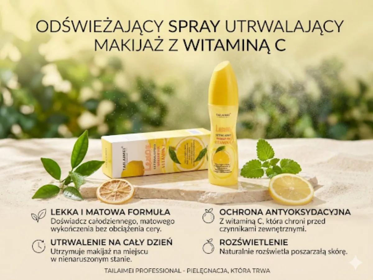 żółty spray utrwalający makijaż TAILAIMEI z witaminą C i opakowaniem z grafiką cytryny