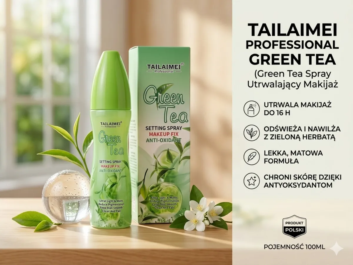 zielony spray do makijażu TAILAIMEI Professional Green Tea z kartonikiem i liśćmi herbaty