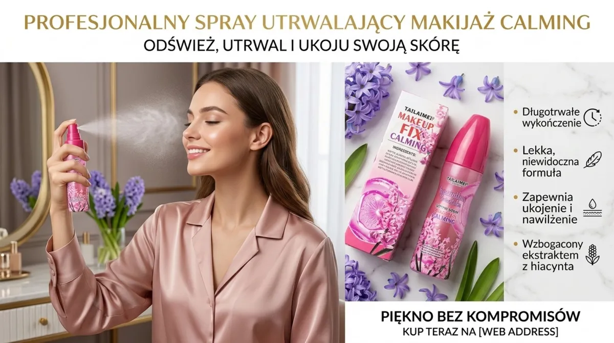 Różowo-fioletowy spray utrwalający makijaż Calming marki TAILAIMEI z kwiatowym motywem i opakowaniem