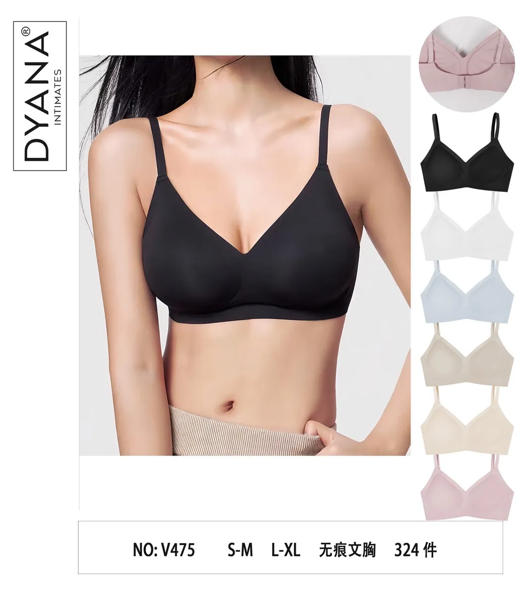 Modelka w czarnym bezszwowym biustonoszu DYANA Intimates, obok różne kolory biustonoszy