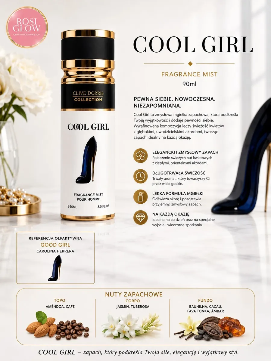 Flakon mgiełki zapachowej Cool Girl 90ml czarny z złotymi elementami i białą etykietą