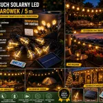 Łańcuch solarny LED 10 żarówek 5 m ciepłe światło 3000K