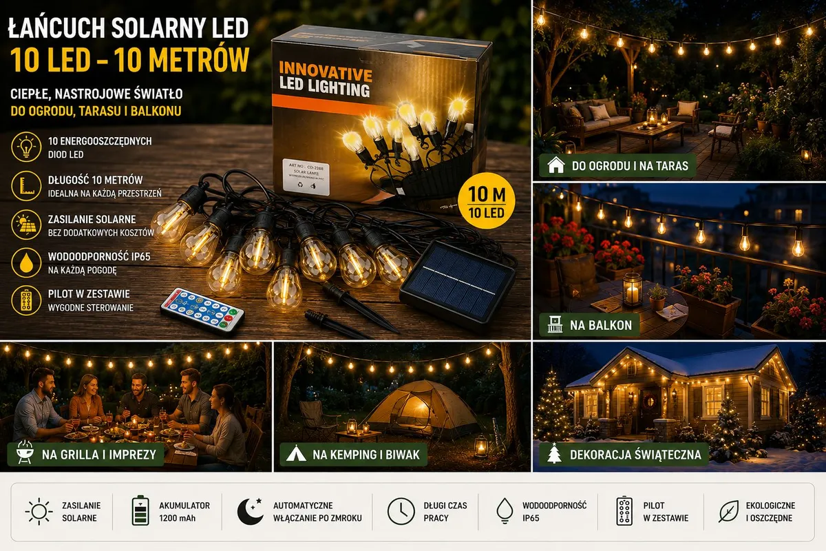 Łańcuch solarny LED z 10 żarówkami, pilotem i panelem solarnym na tle ogrodu i tarasu