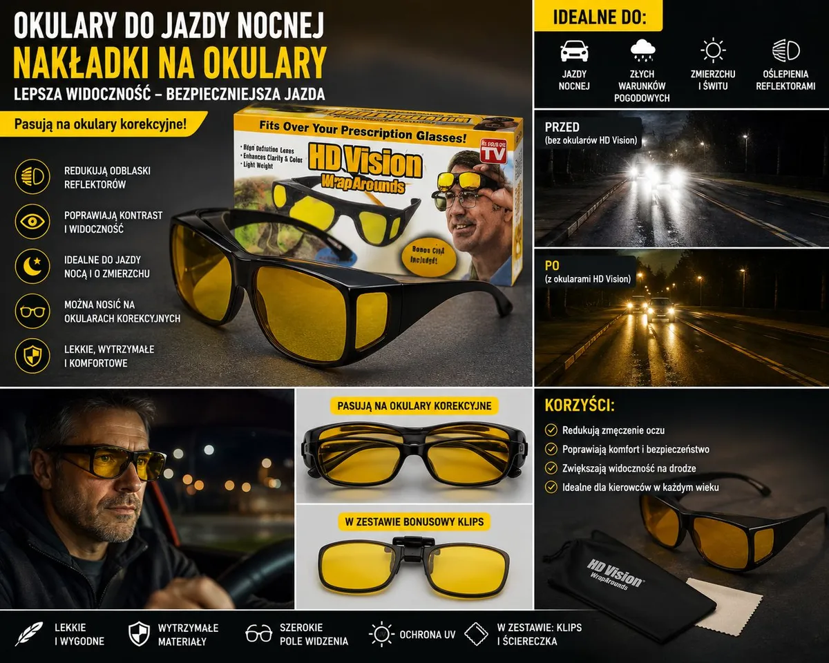 czarne okulary z żółtymi soczewkami do jazdy nocnej na okulary korekcyjne z opakowaniem i akcesoriami