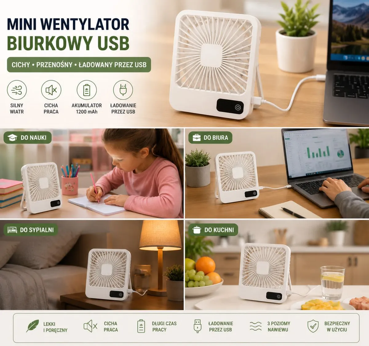 biały mini wentylator biurkowy USB na biurku obok laptopa i rośliny