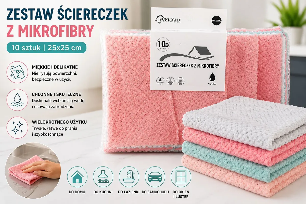 Zestaw 10 ściereczek z mikrofibry w pastelowych kolorach różowym, białym, miętowym i łososiowym