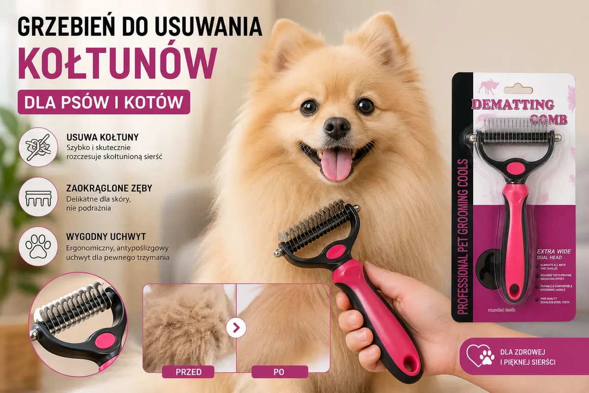 Czarno-różowy grzebień do usuwania kołtunów dla psów i kotów z ergonomicznym uchwytem