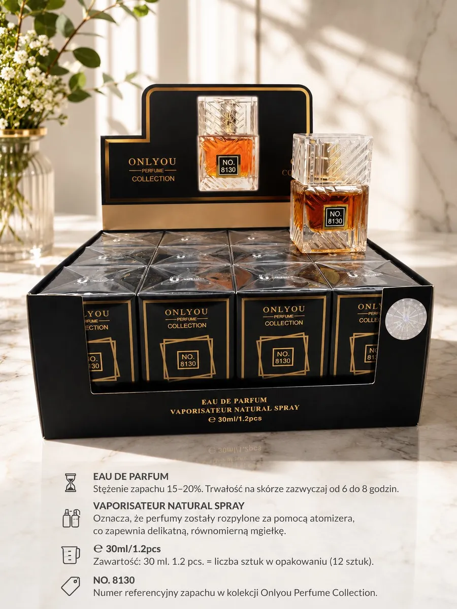 Perfumy Onlyou Collection No. 8130 w przezroczystej kwadratowej butelce z geometrycznym wzorem i złotym atomizerem