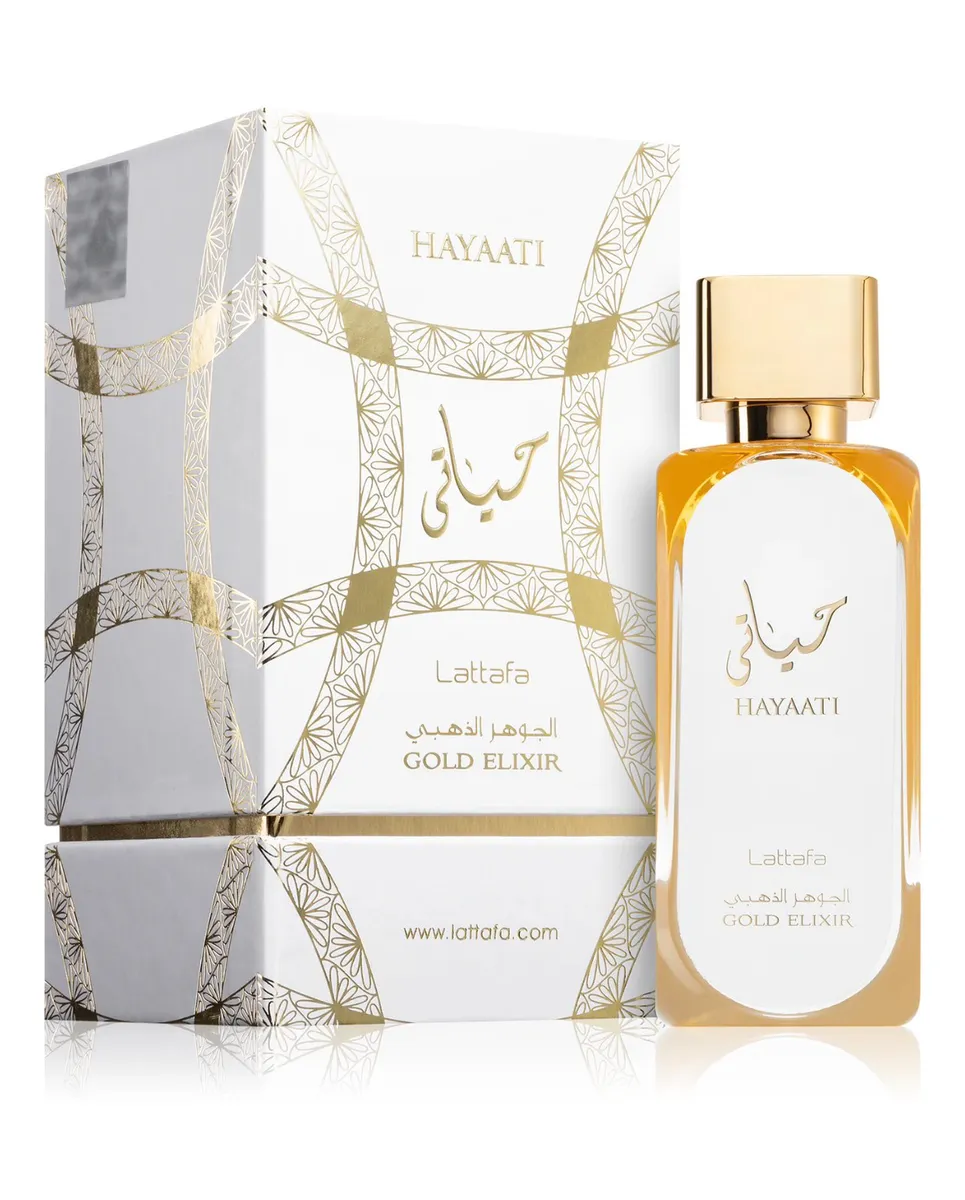 Perfumy HAYAATI Gold Elixir 100ml z eleganckim złotym wykończeniem