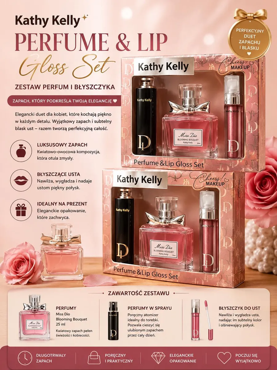 Kathy Kelly zestaw perfum Miss Dio 25 ml i błyszczyk do ust różowy