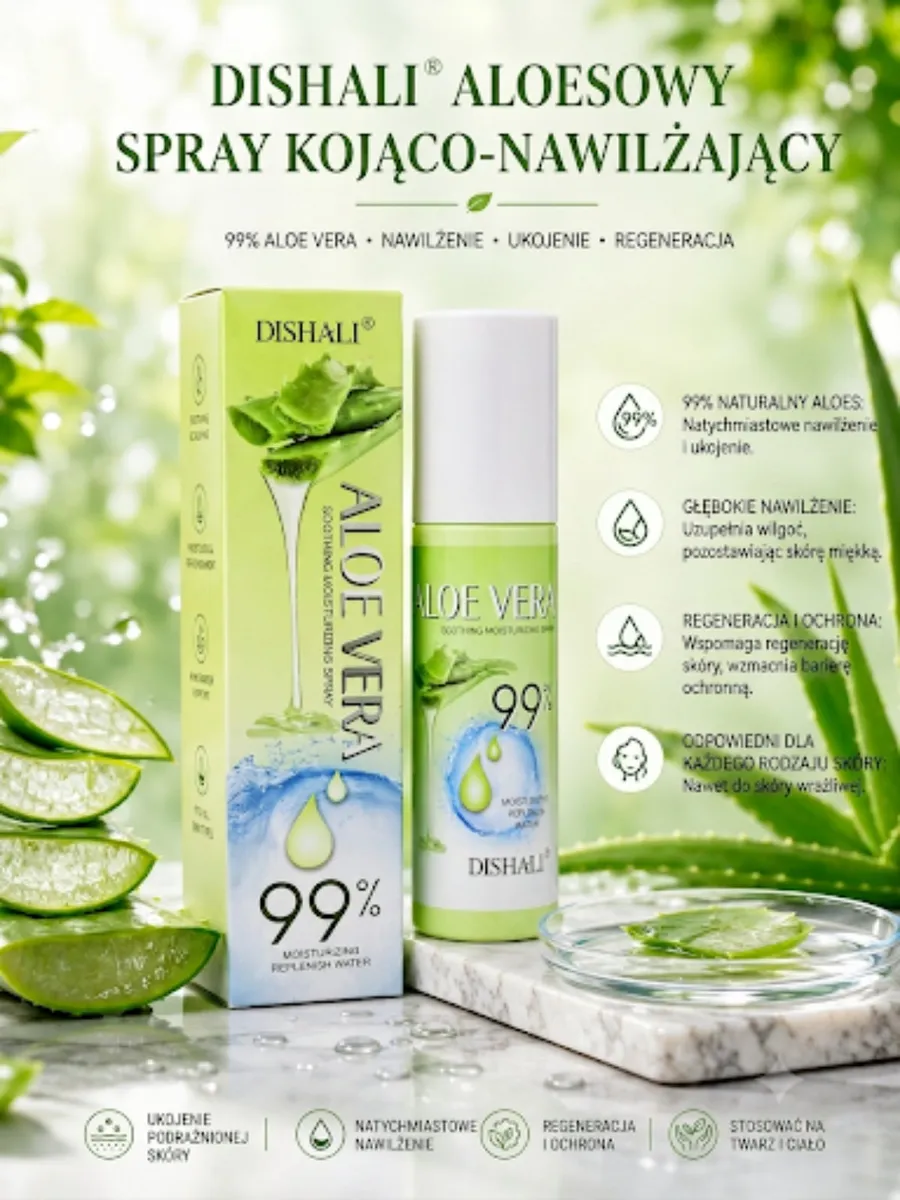 DISHALI Aloesowy Spray Kojąco-Nawilżający 99% Aloe Vera