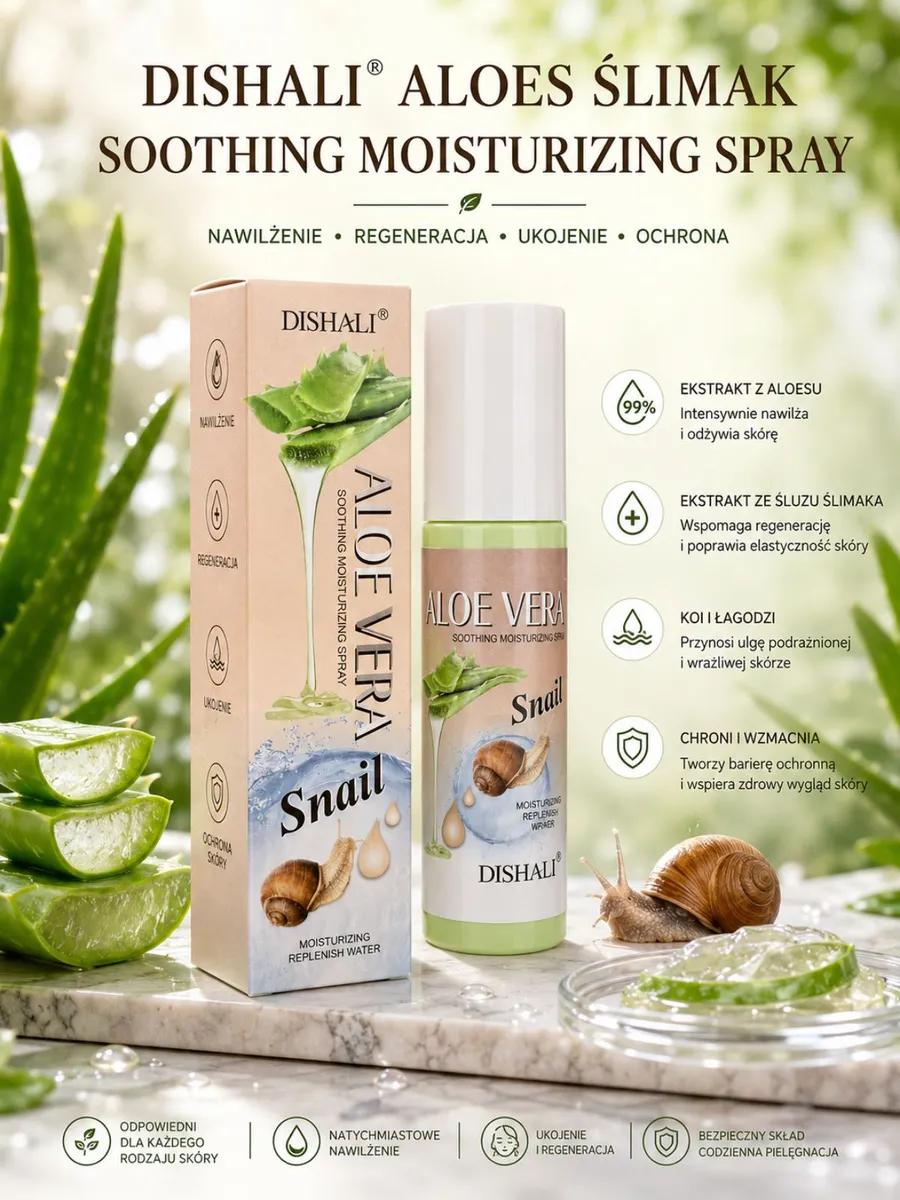 DISHALI Aloes Ślimak Spray Nawilżający z ekstraktem 99% aloesu