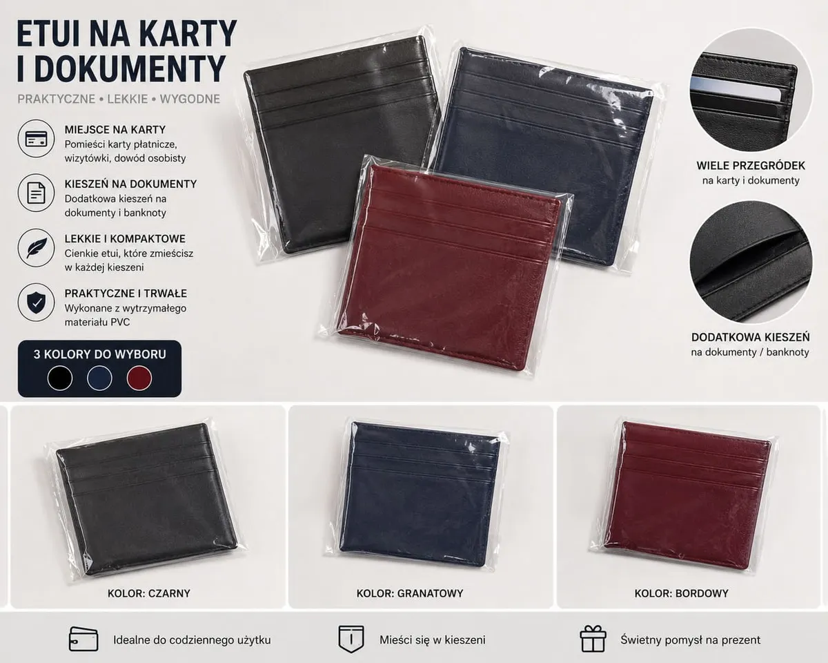 Etui na karty i dokumenty czarne, granatowe i bordowe PVC