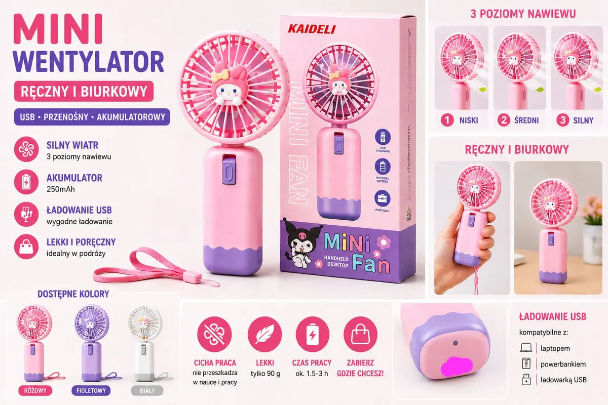 Mini Wentylator USB Kawaii Różowy z Akumulatorem 250mAh