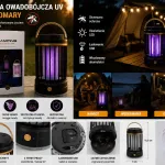 Kempingowa Lampa LED UV na Komary 2w1 Akumulatorowa z USB czarno-złota