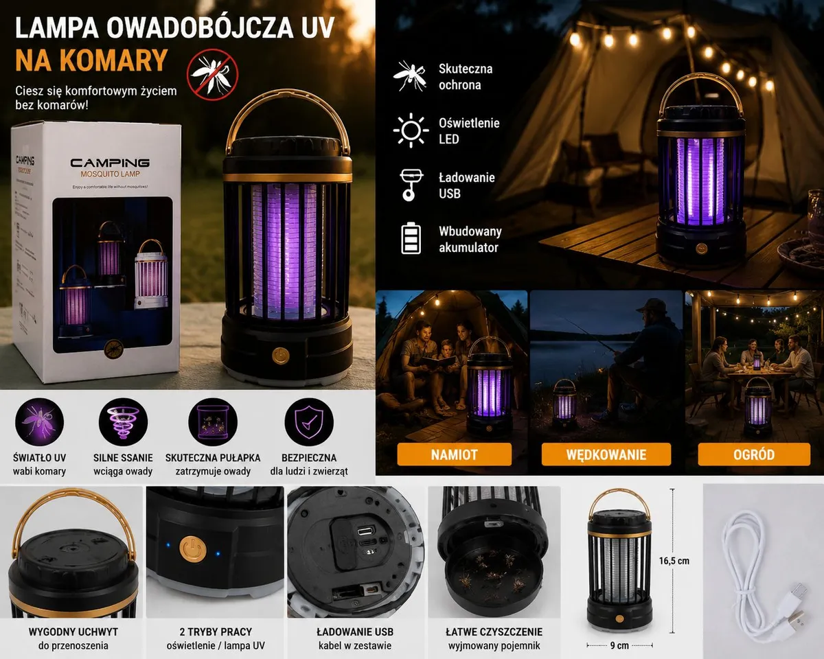 Kempingowa Lampa LED UV na Komary 2w1 Akumulatorowa z USB czarno-złota
