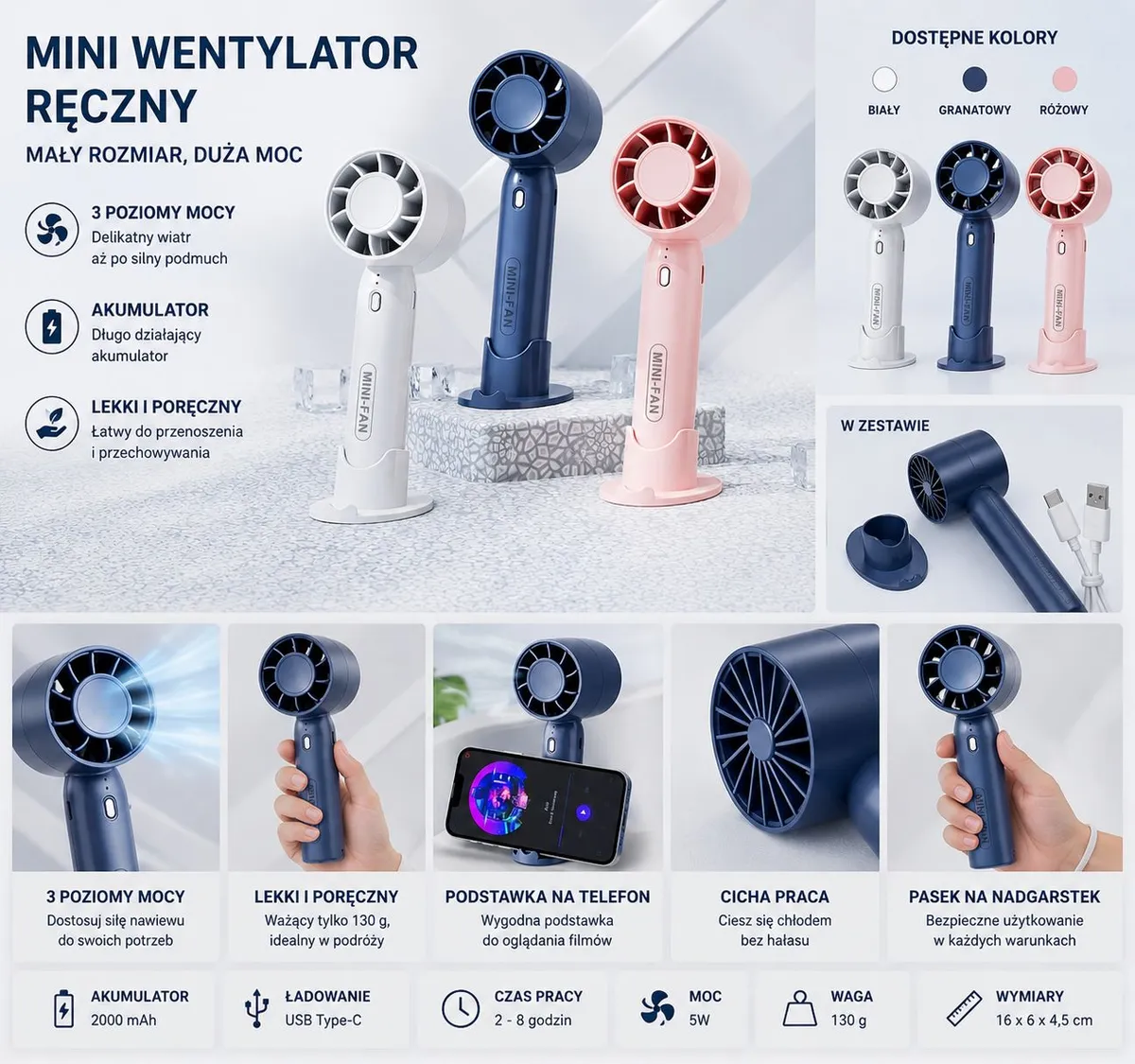 Mini wentylator ręczny granatowy z podstawką i USB