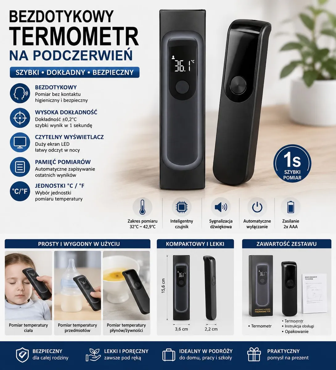 Termometr Bezdotykowy IR LCD Czarny 15,6x3,6x2,2 cm Szybki Pomiar