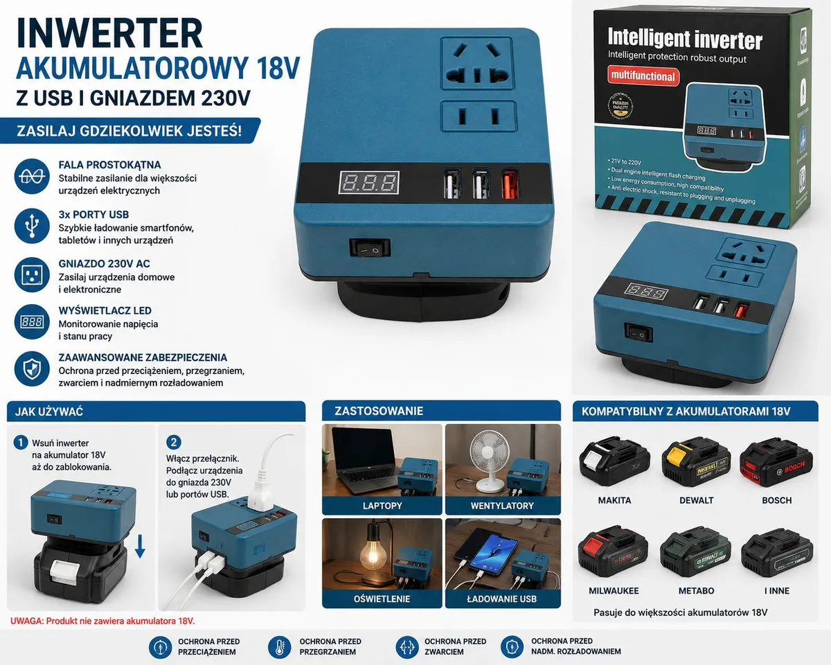 Inwerter akumulatorowy 18V 120W z 3x USB i gniazdem 230V niebieski