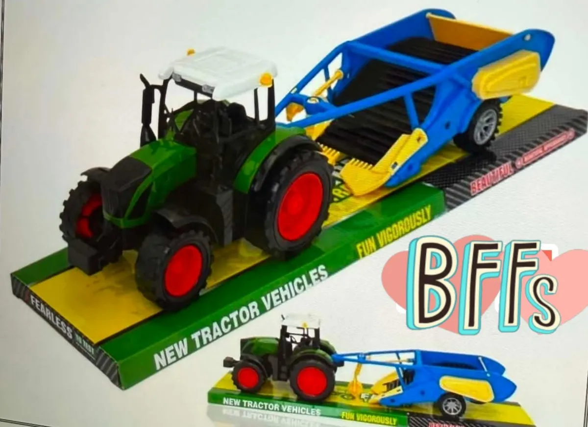 Zielony traktor z niebiesko-żółtą maszyną rolniczą zabawka