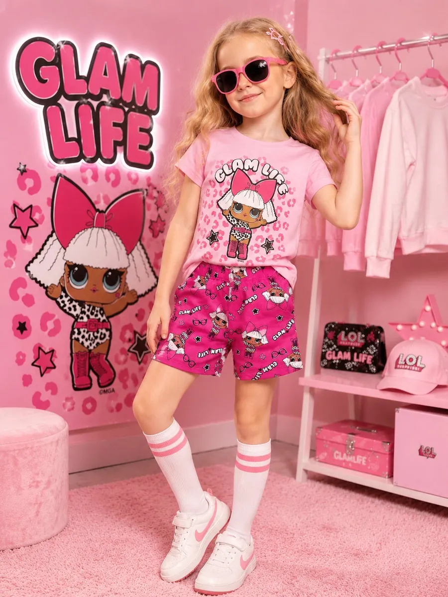 Komplet dziecięcy Glam Life różowy z nadrukiem laleczki