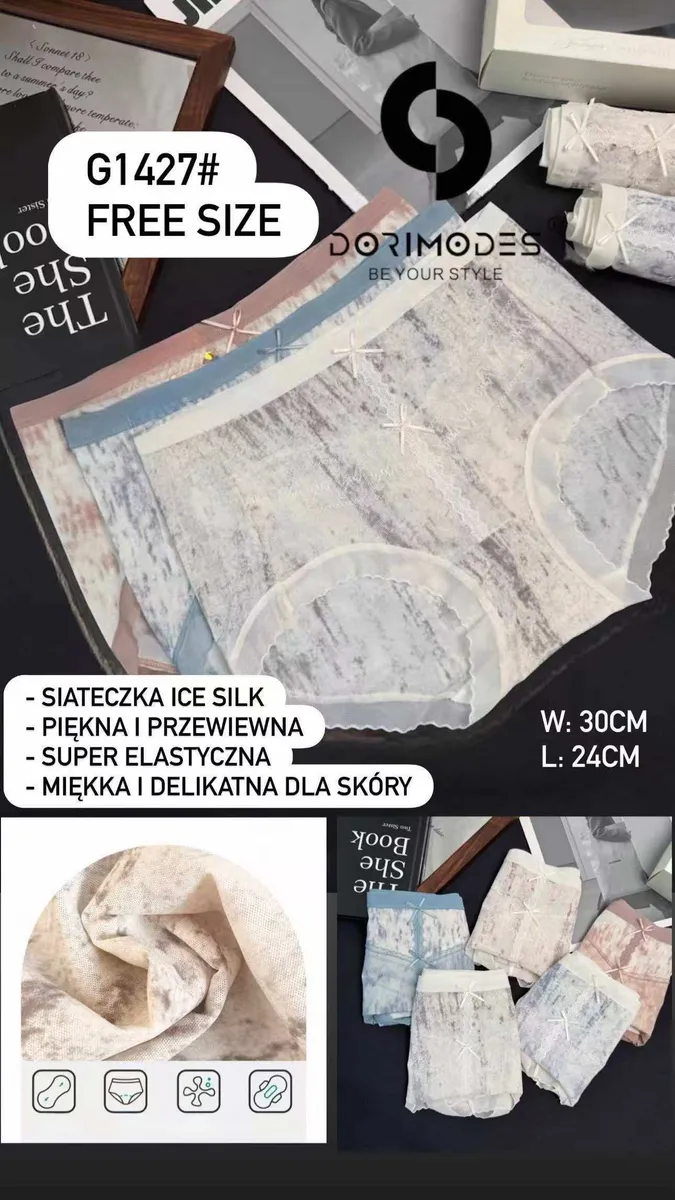 Pastelowe majtki damskie z siateczki Ice Silk w kolorach beż, błękit i róż, ozdobione kokardkami