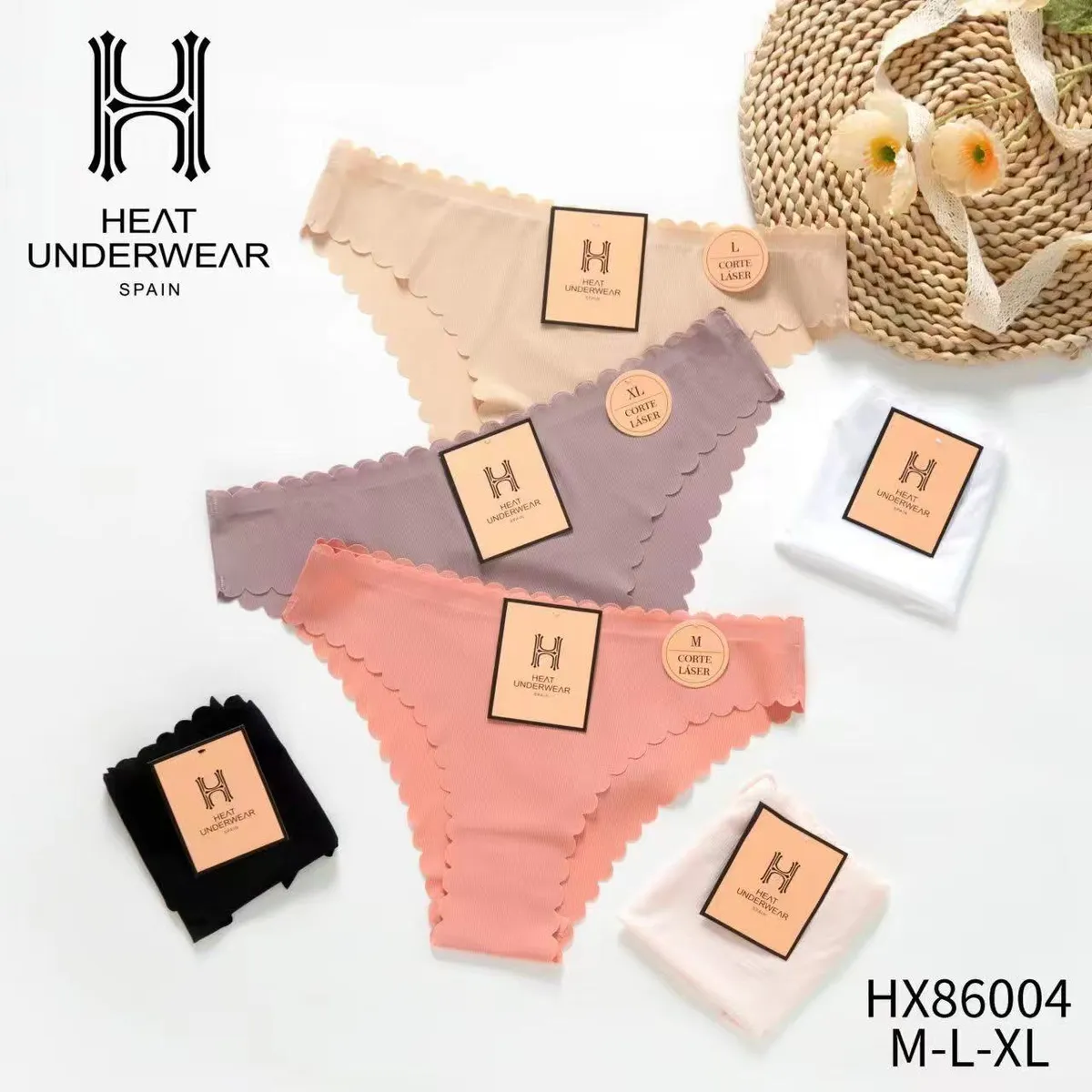 Figi damskie Heat Underwear w kolorach brzoskwiniowym, beżowym i fioletowym z laserowym wykończeniem brzegów