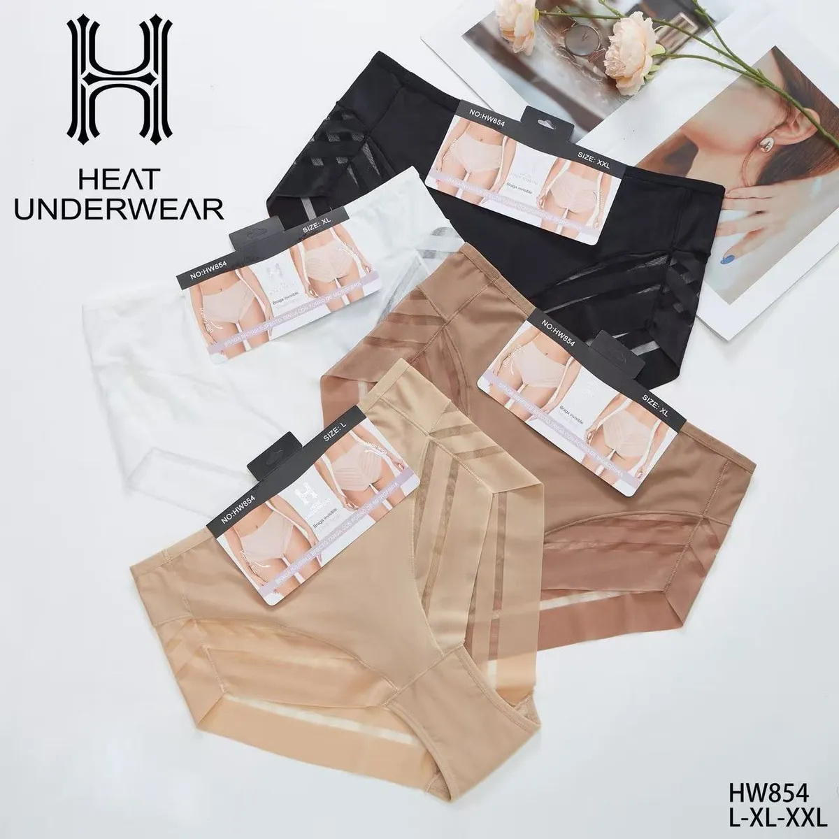 Majtki damskie Heat Underwear w kolorach beż, brąz i czarny z przezroczystymi wstawkami