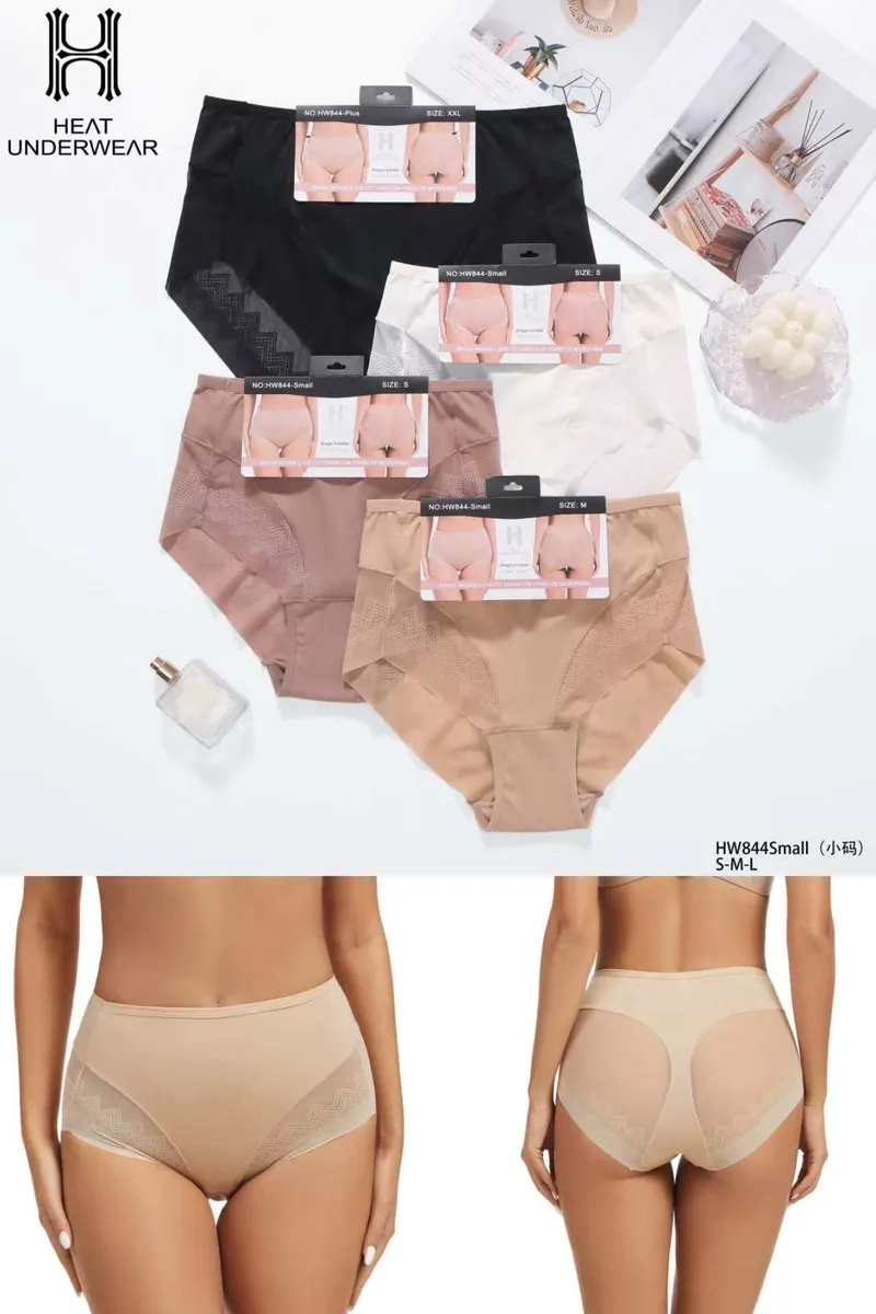 Majtki damskie Heat Underwear w kolorach beżowym, czarnym i białym, z geometrycznym wzorem na bokach