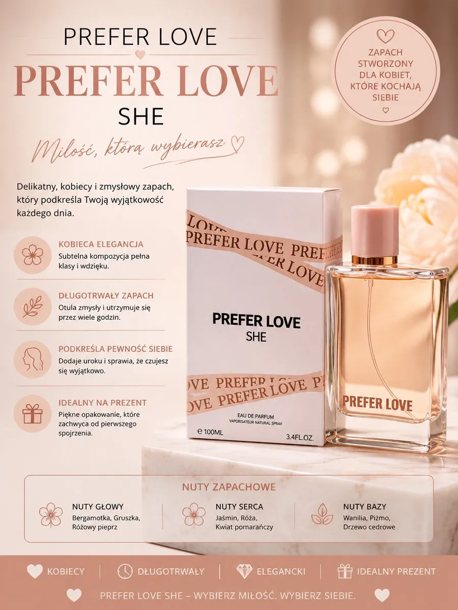 Prefer Love SHE damska woda perfumowana 100 ml delikatny zapach