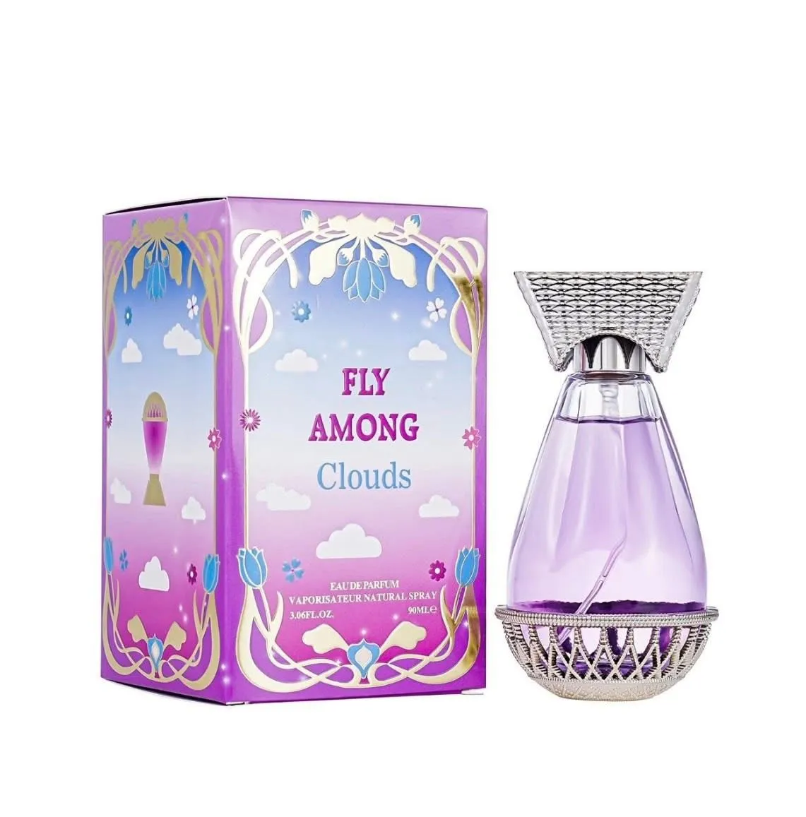 Perfumy Fly Among Clouds 90ml z fioletowym flakonem i ozdobną nakrętką